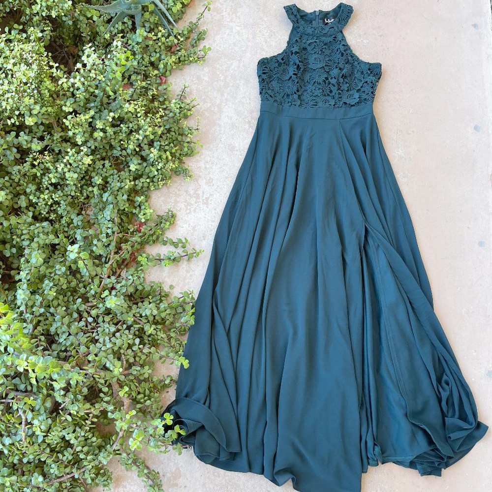 Lulu's Picture Perfect Halter Dress in Emerald Green, Size Medium (Shortened)